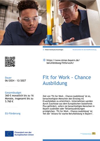 Plakat Fit for Work - Chance Ausbildung, bewirbt einen Ausbildungsbonus der EU-Förderung