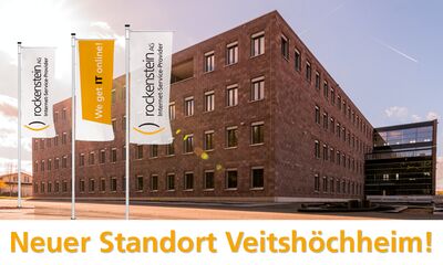 Foto unseres rockenstein Gebäudes, darunter in orangener Schrift: Neuer Standort Veitshöchheim!