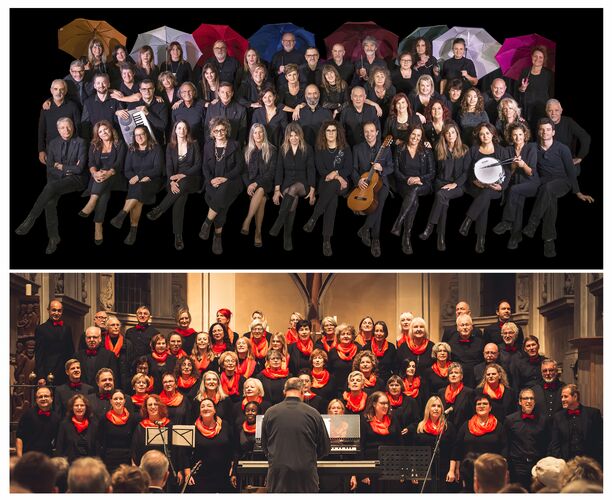 Foto aller Mitglieder der beiden Chöre (oben: Chorus aus Verona; unten: Voices aus Würzburg)